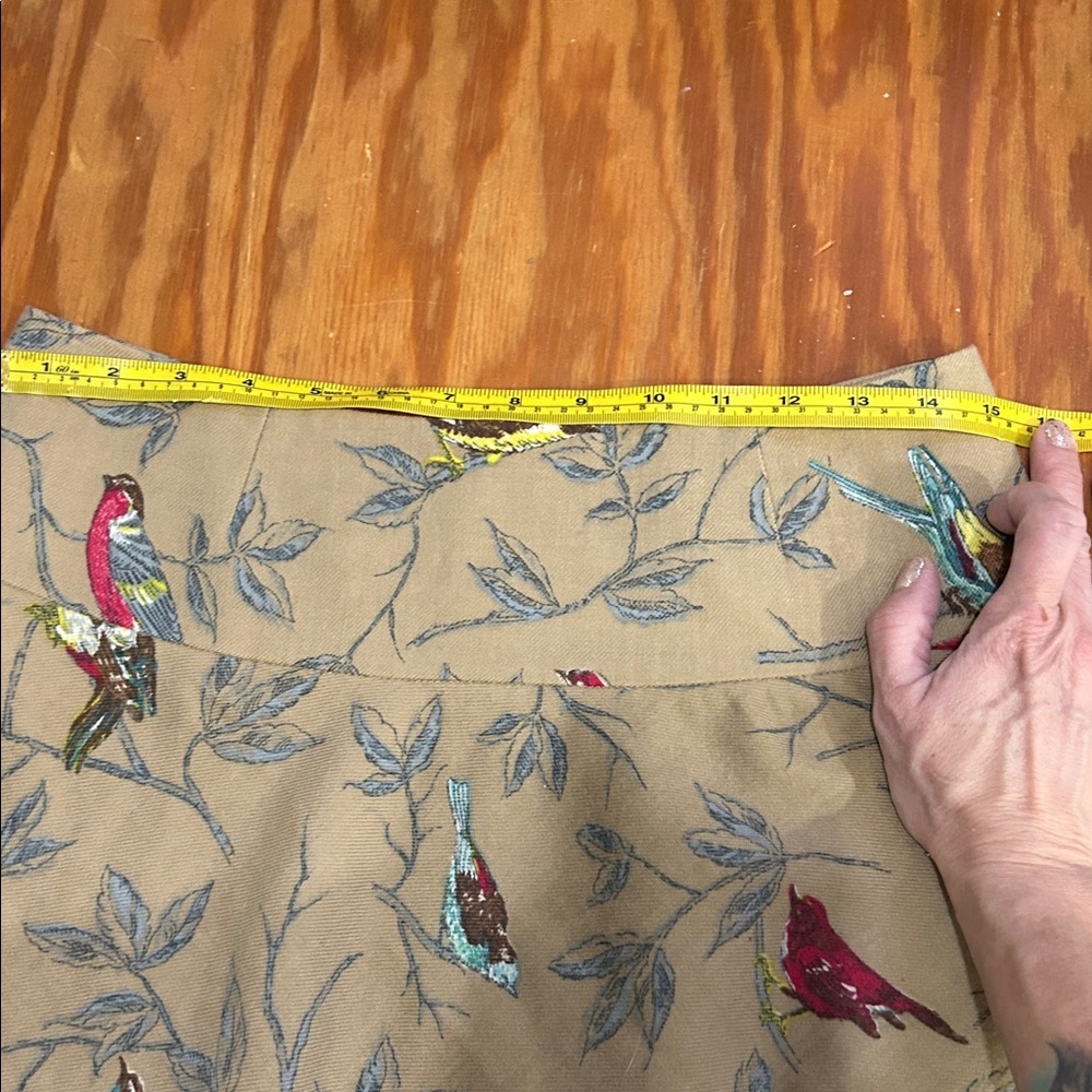 Anthropologie Elevenses Wool A-Line Skirt with Bird Print, tan, gray, red. - Picture 8 of 10